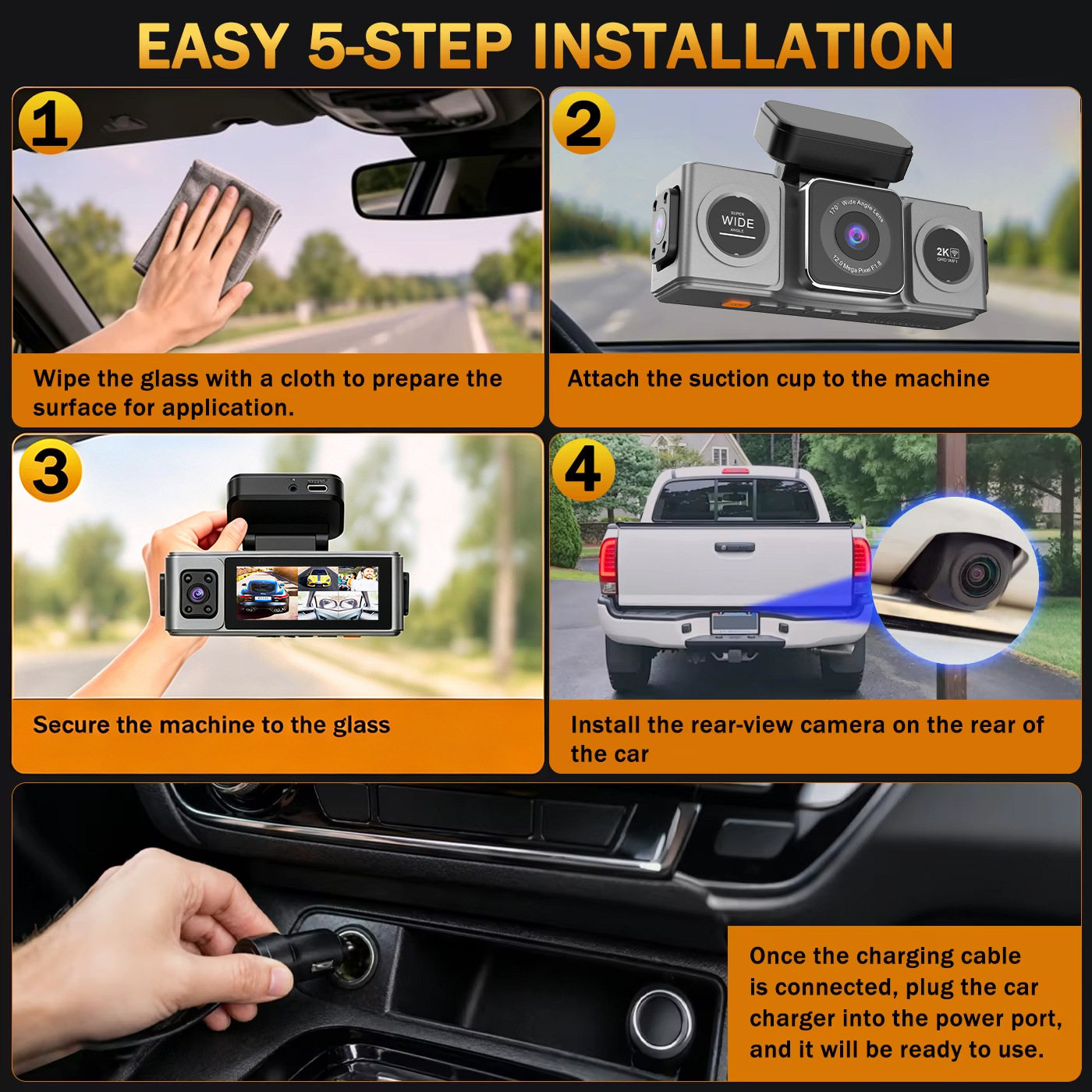 Cross-border five-lens dashcam with high-definition 2K wide-angle night vision, WiFi, front and rear in-car recording device