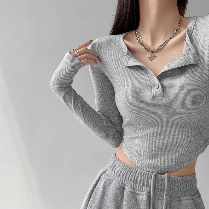 Xinyu Pure Color Long-Sleeved T-Shirt Women's Autum New Slimming Look Pure Lust Half-Open Collar Bottoming Shirt Slim Short Top