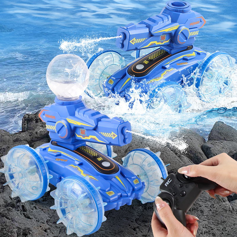 2.4G control remoto anfibio tiro de agua anfibio de doble cara coche de acrobacias con absorción automática de agua rociado de agua coche de tanque de control remoto único juguete
