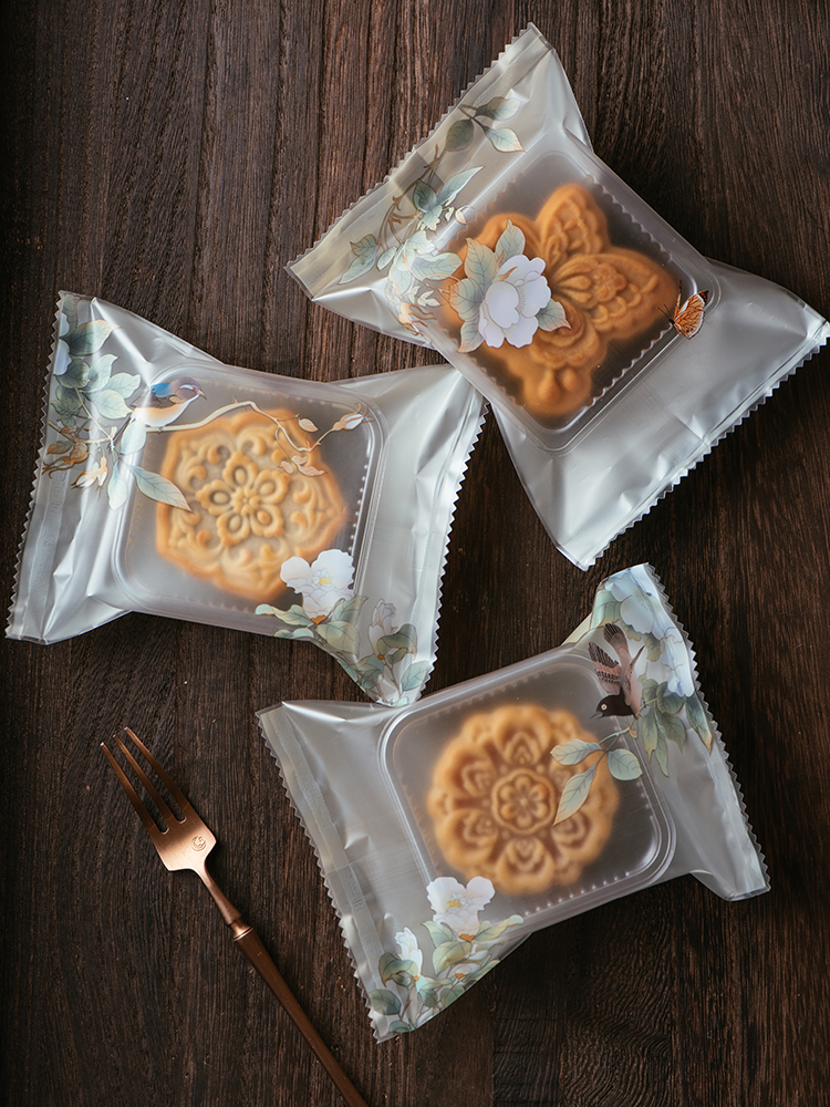 Engrosado 2024 estilo nacional de flores y pájaros nuevo paquete de pastel de luna 50g 75g de cáscara de huevo helado bolsa de sello