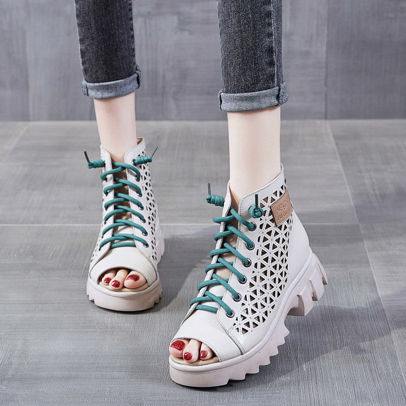 Platform Thick-Soled Sandals for Women, Open-Toe Hollow Shoes, Genuine Leather Lace-Up Sandals, British Style Martin Boots, Breathable and Comfortable