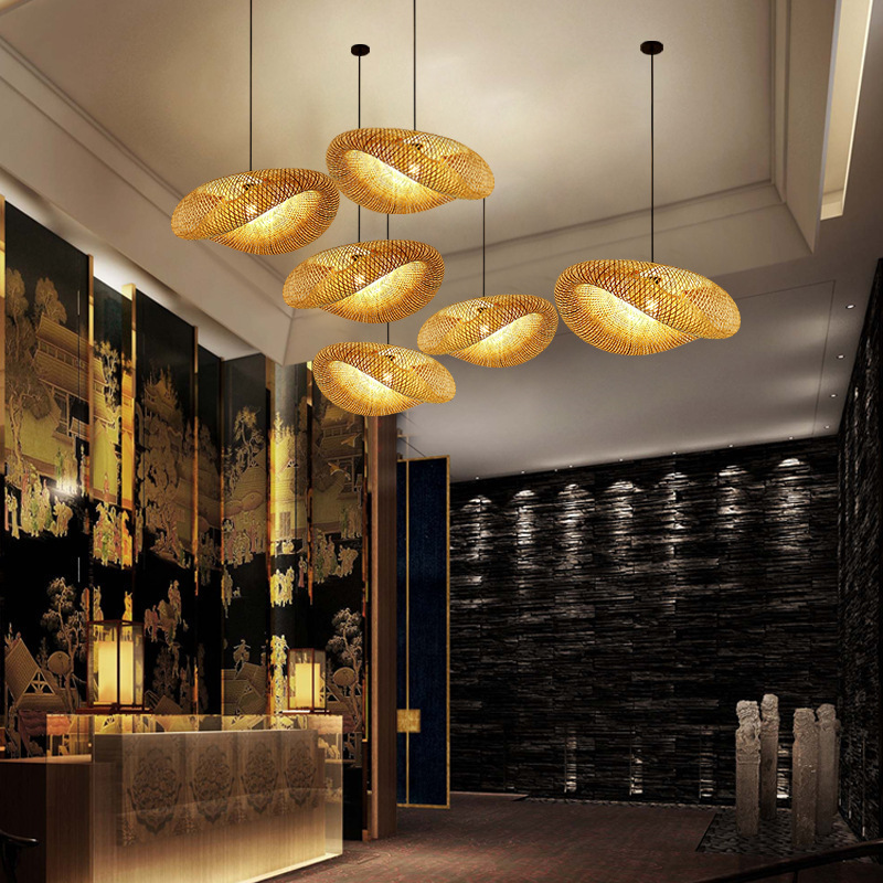 Bamboo chandelier Japanese style unique creative straw hat special-shaped chandelier teahouse indoor hotel restaurant living room lobby lamps
