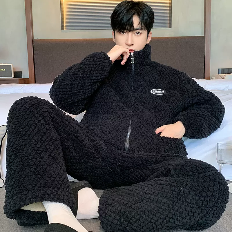 【暖绒绒】男式睡衣冬季加厚加绒三层夹棉袄男珊瑚绒加棉家居服