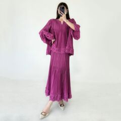 跨境2025三宅褶皱时尚高级收腰套装大码欧美气质宽松优雅两件套女