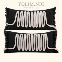 现代侘寂风棉绳编织长条形腰枕沙发靠枕样板间装饰靠垫黑色米色