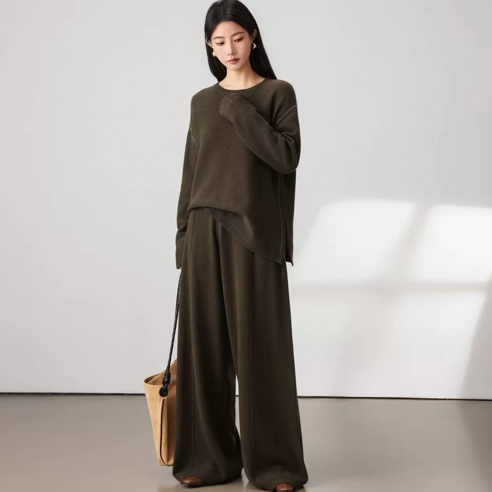 25秋季新款套装女士圆领100纯羊毛衫阔腿裤两件套慵懒风宽松女装