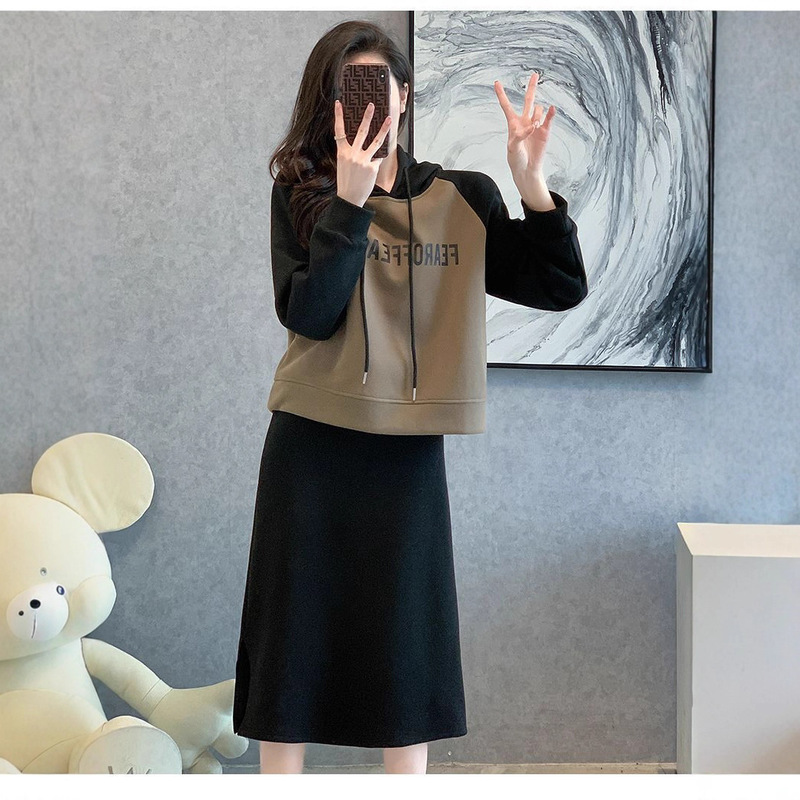连帽卫衣+半身裙套装卫衣开叉裙两件套拼接时尚卫衣套装女跑步服|undefined