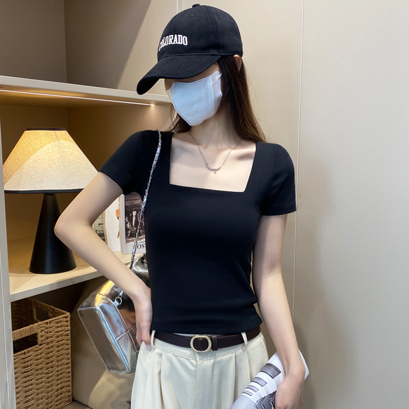 Pure Cotton Black Square Collar Short-sleeved T-shirt Women's Spring and Summer Low Collar Slim-fit Clavicle-exposed Base Shirt Inner Tight U-neck Top Pure Cotton Black Square Collar Short-sleeved T-shirt Women's Spring and Summer Low Collar Slim-fit Clavicle-exposed Base Shirt Inner Tight U-neck Top
