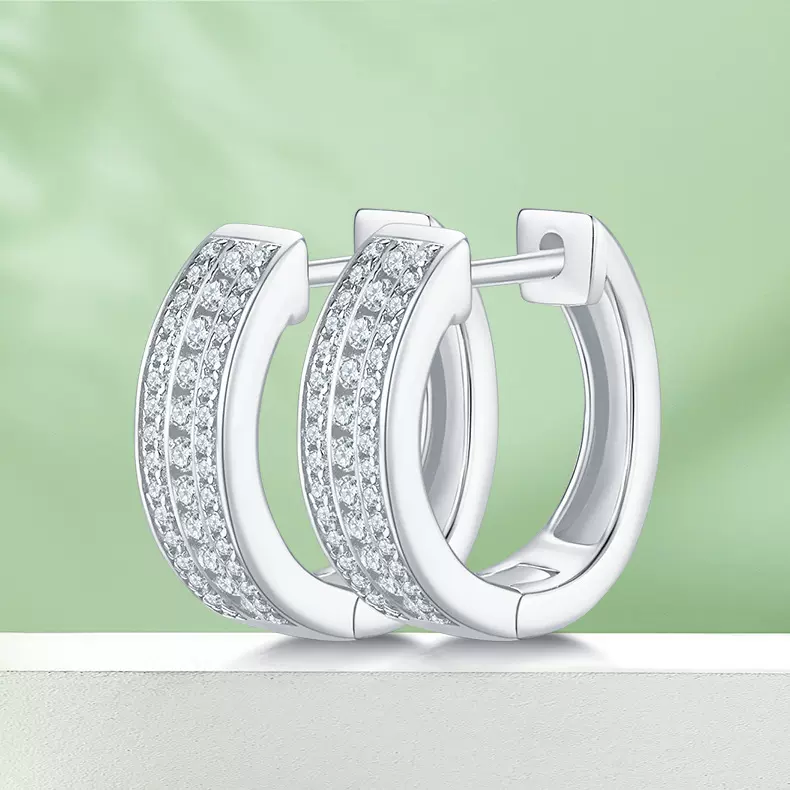 S925纯银莫桑石耳环跨境欧美镶钻耳圈耳扣个性金属感耳饰个性ins