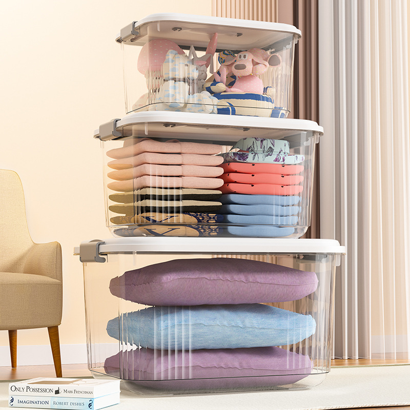 Storage Box Plastic Transparent Household Clothes Storage Box with Lid Student Dormitory Pulley Extra Large Thickened Storage Box