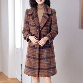 2025年秋冬季新款中年复古显瘦羊毛呢子大衣女格子中长款气质外套