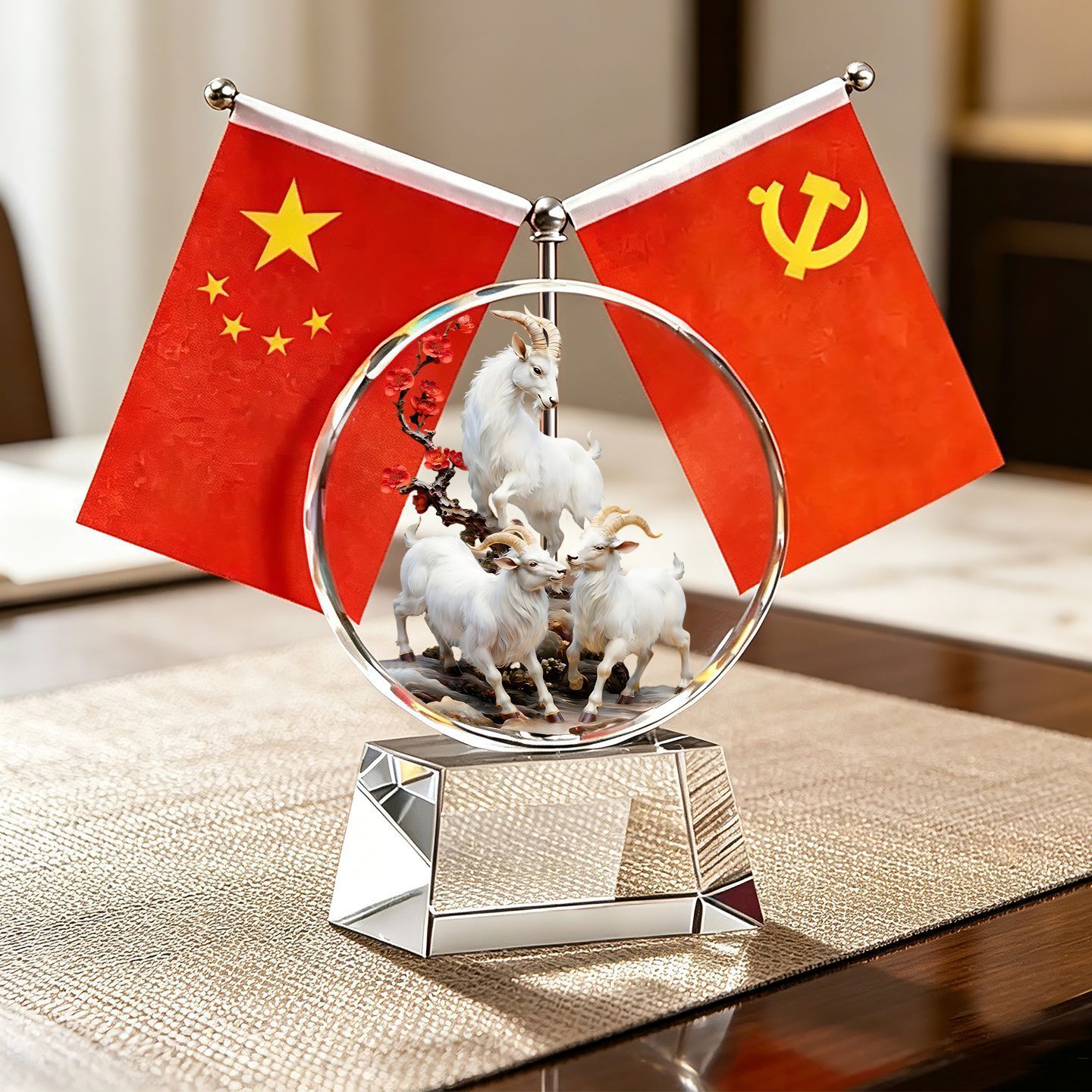 Year of the Horse Five-Star Red Flag Crystal Ornament, Creative High-End Office Desk Decoration, Brings Success, Attracts Wealth, and Protects the Home