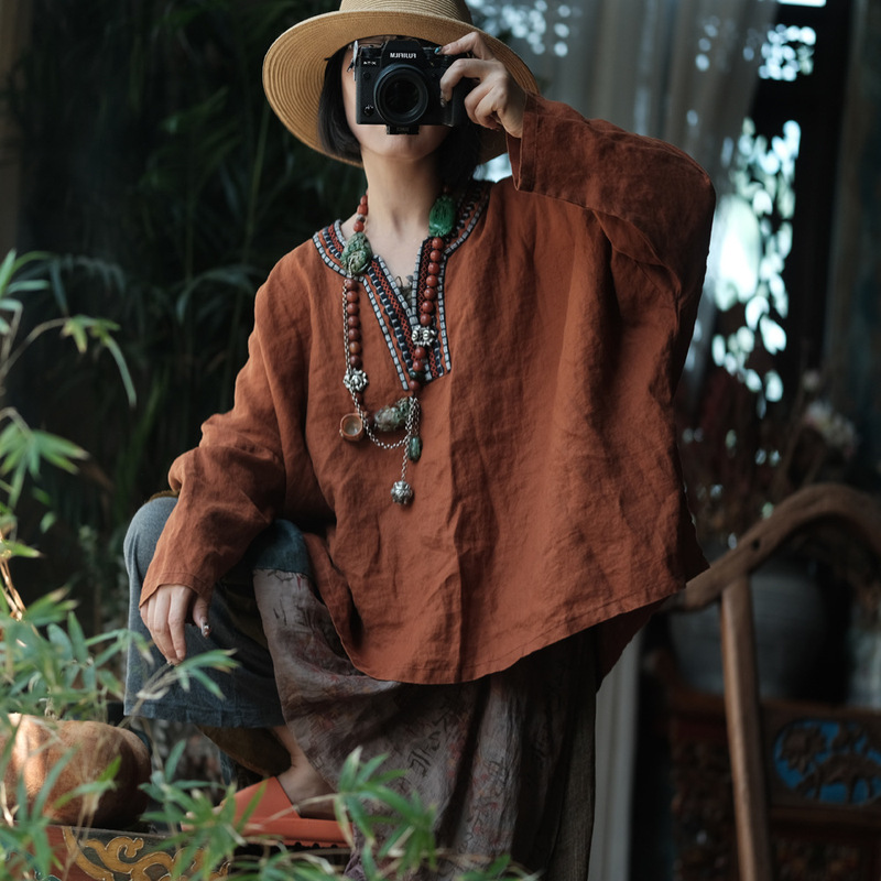 Little Mud Girl Washed Linen Collar Embroidered Shirt Women's High-End Shirt 2022 Old Rust