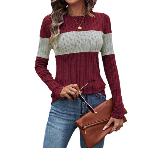 Women's Fashion 2025 Spring New Arrival Amazon TEMU Independent Site Casual Colorblock Ribbed T-Shirt with Round Neck for Women