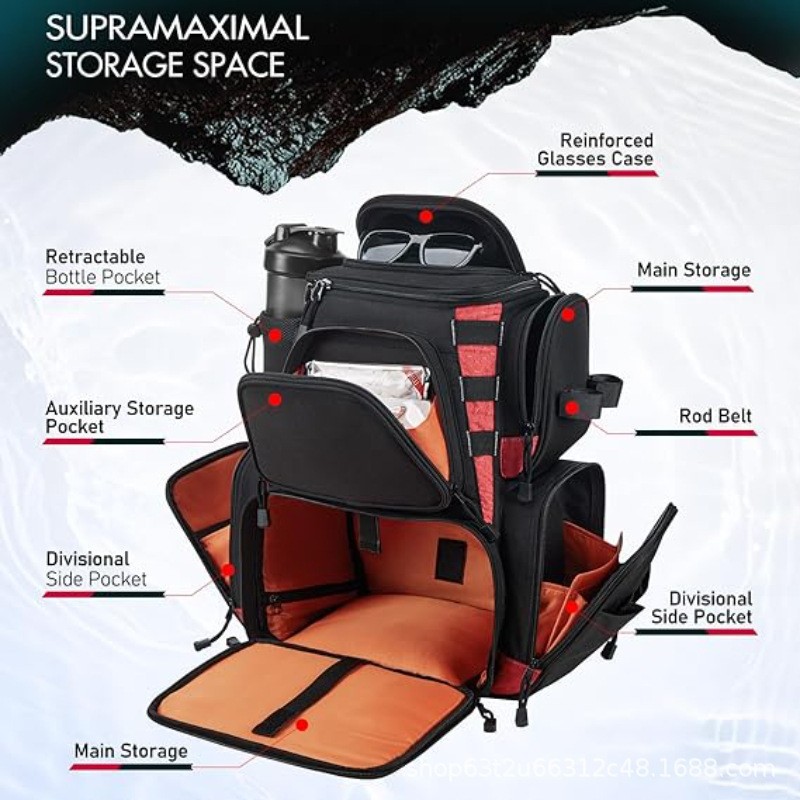 Mochila para equipos de pesca, bolsa de almacenamiento al aire libre grande con cubierta protectora a prueba de lluvia para equipos de pesca image 4