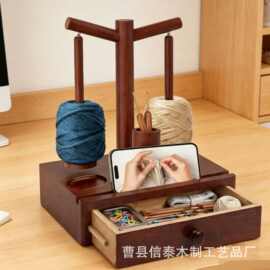 跨境木质线轴架可旋转毛线绕线器带手机支架钩针置物架纱线毛线架