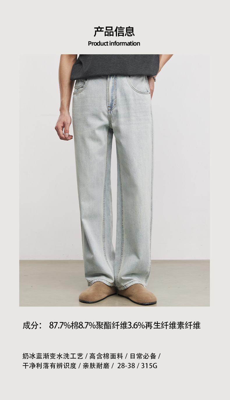Quần jean nam ống rộng phong cách Mỹ cổ điển, chất liệu denim wash nhẹ, dáng suông thoải mái — Xanh nước đá chi tiết 3