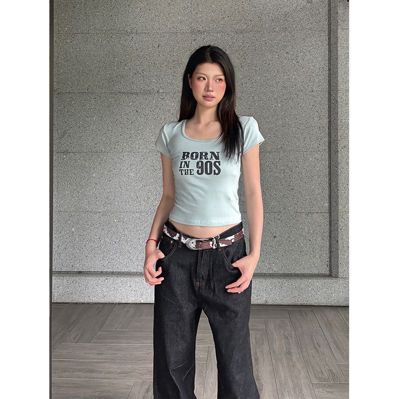 【Tube Flower Pattern】Women's American-Style Spicy Girl Letter Print Simple Versatile Casual Slim-Fit Short-Sleeve T-Shirt