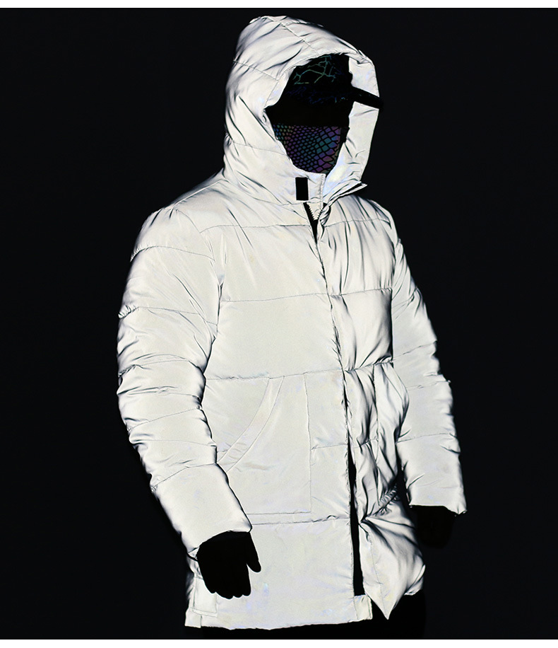 Pánské oblečení Nový zimní středně dlouhý reflexní bavlněný kabát Ztluštěný teplý reflexní bavlněný kabát Módní svítící kabát_voghion.com