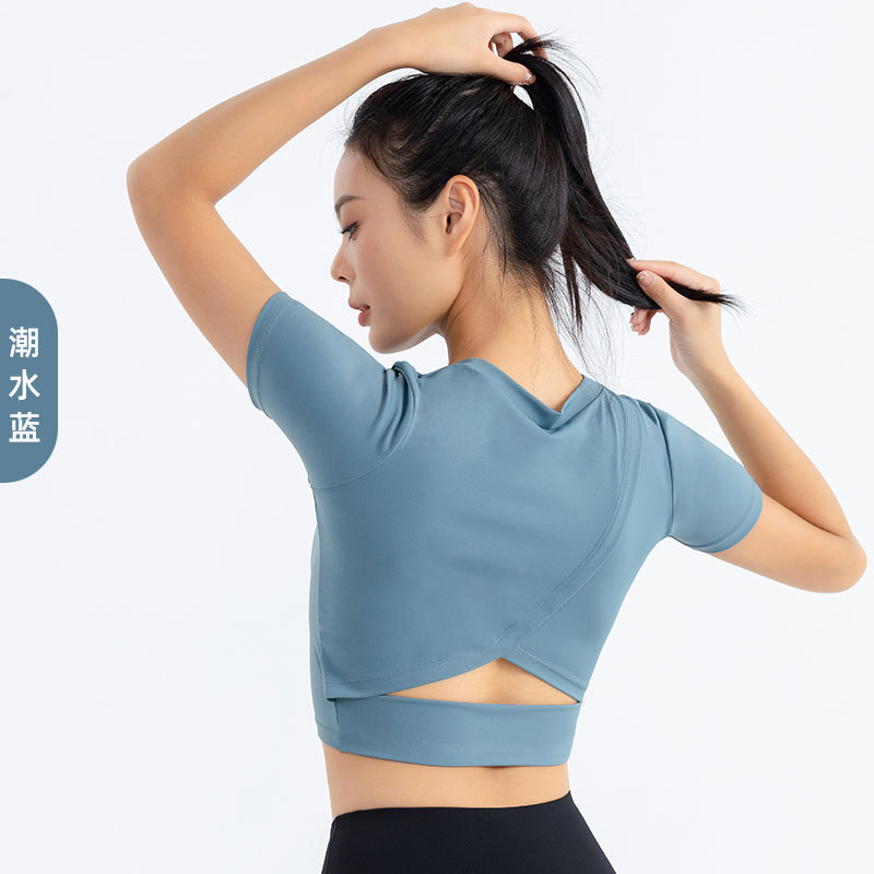 新款瑜伽服短袖裸感时尚修身开背露脐运动上衣女速干健身t恤|undefined