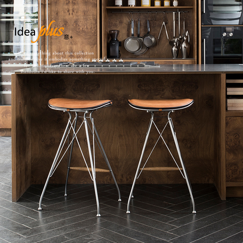 Steel Wire Dining Chair Bar Chair Saddle Leather Hardware Stainless Steel Coffee Chair Master Design Armrest Outdoor Leisure Chair Metal