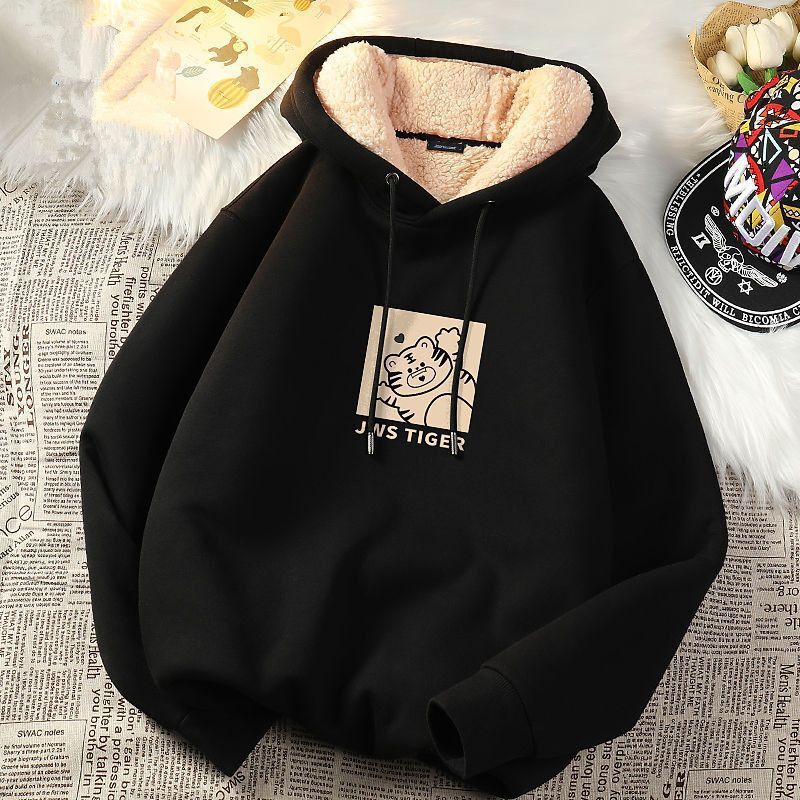 Fall/Winter Lamb Velvet fleece-lined Thickened Hooded Sweater Men's Warm Winter Loose Long Sleeve Base Shirt Couple's Coat 12