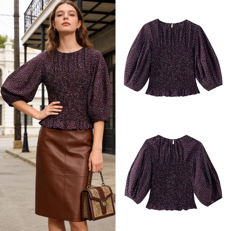Z Brand Foreign Trade Cross-Border In-Stock European and American Style Women's Clothing 2026 Spring New Polka Dot Balloon Sleeve Shirt Z Brand Foreign Trade Cross-Border In-Stock European and American Style Women's Clothing 2026 Spring New Polka Dot Balloon Sleeve Shirt