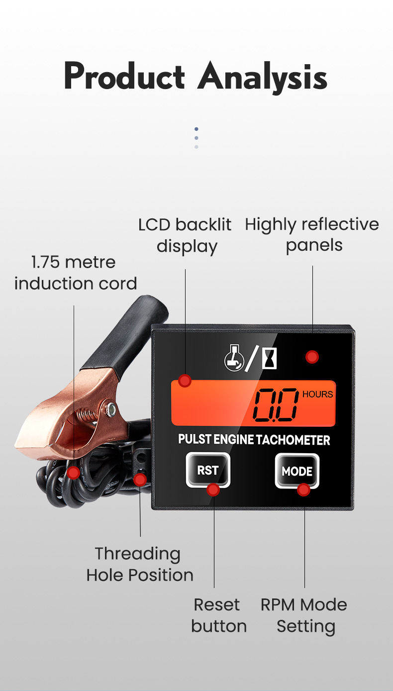 Inductive Digital Tachometer for 2/4-Stroke Engines, Universal for Lawn Mowers and Chainsaws, with an Accumulative Timer