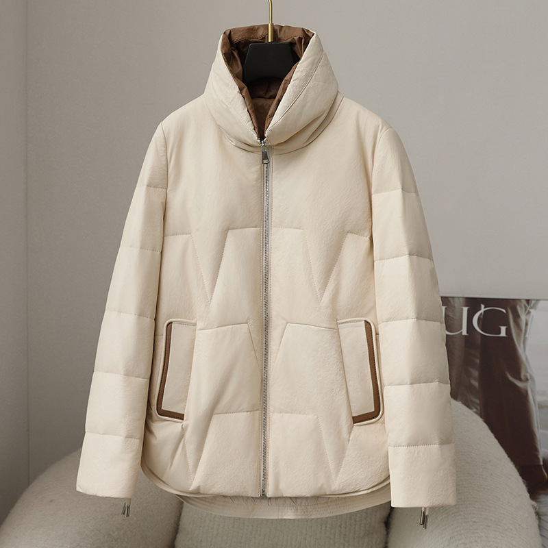2025 Autumn and Winter New Sheepskin down Jacket Women's Short Goose down Thickened Warm Jacket Haining Leather down Jacket