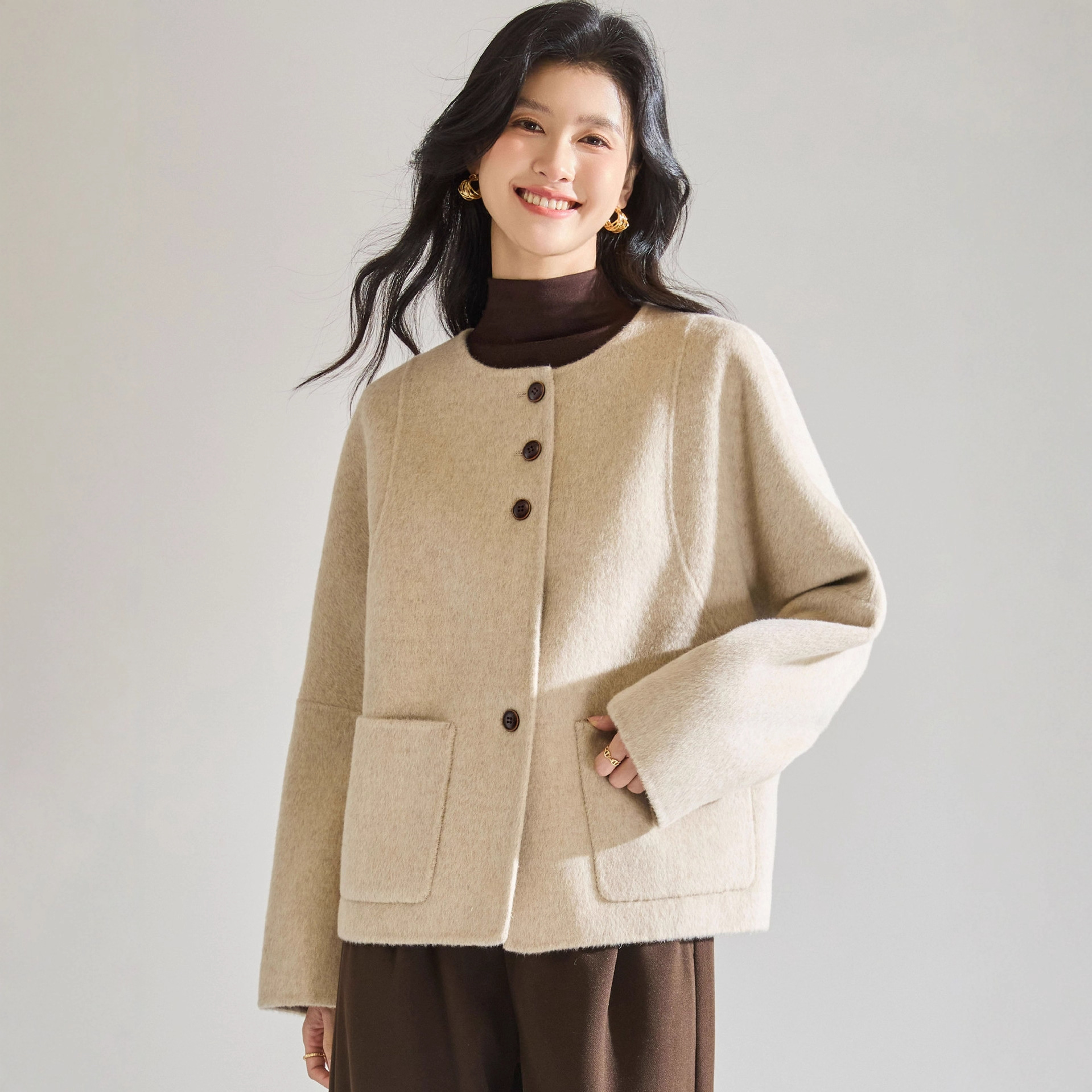 【Shenghong】Round Neck Single-Breasted Wool Double-Sided Coat with Scimitar Sleeves, Versatile and Youthful Short Jacket