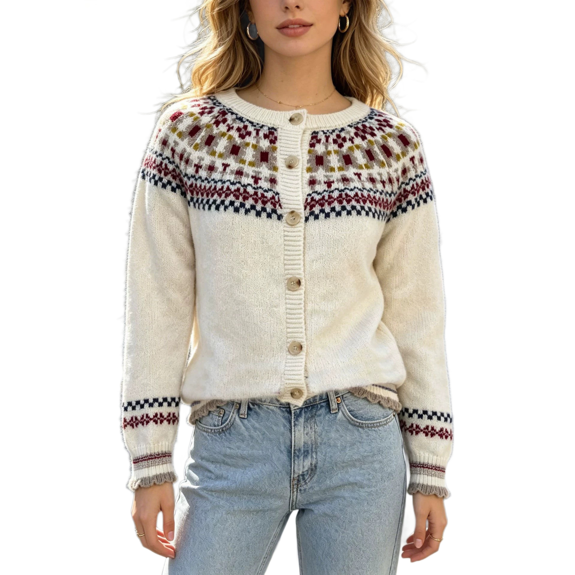 Fair Isle Jacquard pletena jopica, ženski jesenski in zimski nov, retro pulover z okroglim izrezom, ohlapen in vsestranski zgornji del