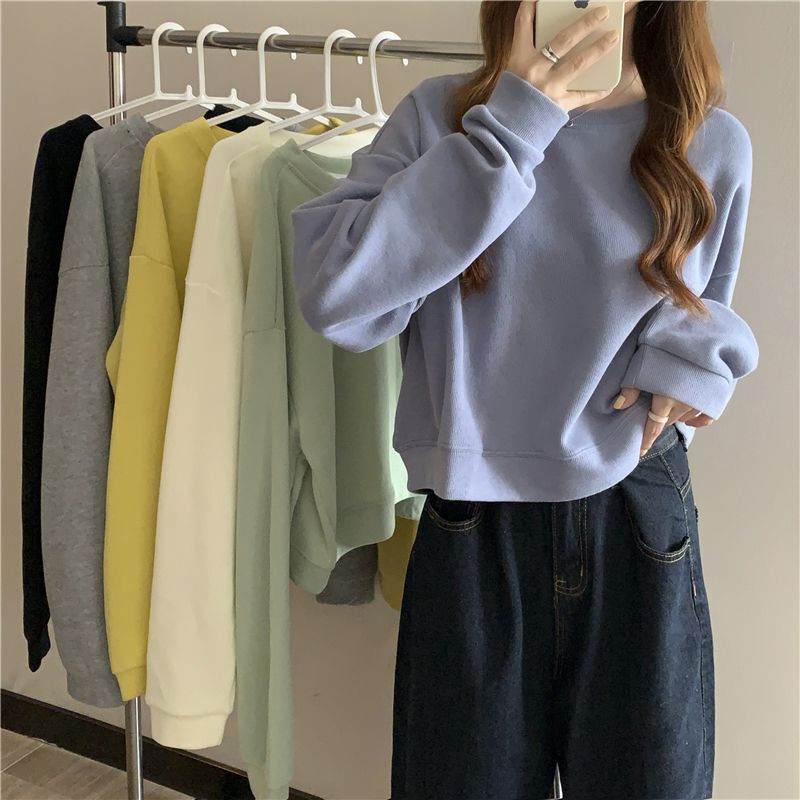 Korean Style Short Long-sleeved Short T-shirt Women's Spring and Autumn New Design Niche Top All-match Candy Color Sweatshirt Korean Style Short Long-sleeved Short T-shirt Women's Spring and Autumn New Design Niche Top All-match Candy Color Sweatshirt