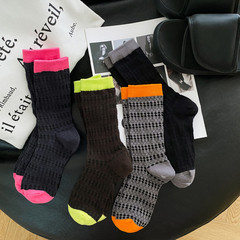 Summer Women Ultra-Thin Lace Mesh Cotton Socks Color Block Retro Ice Silk European Style Colorful Sheer Nipple Instagram Mid-Calf Socks