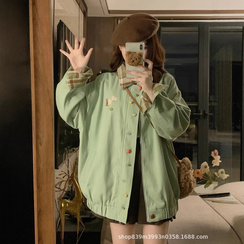 Fresh and Simple Lapel Japanese Design Patchwork Jacket for Women, Spring and Autumn Sweet Loose Jacket for Middle and High School Students