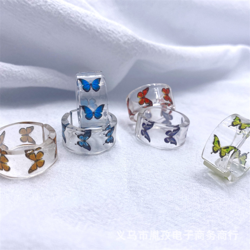 Nueva Corea del Sur ins estilo colorido mariposa anillo abierto de resina acrílica anillo de Venta caliente europeo y americano