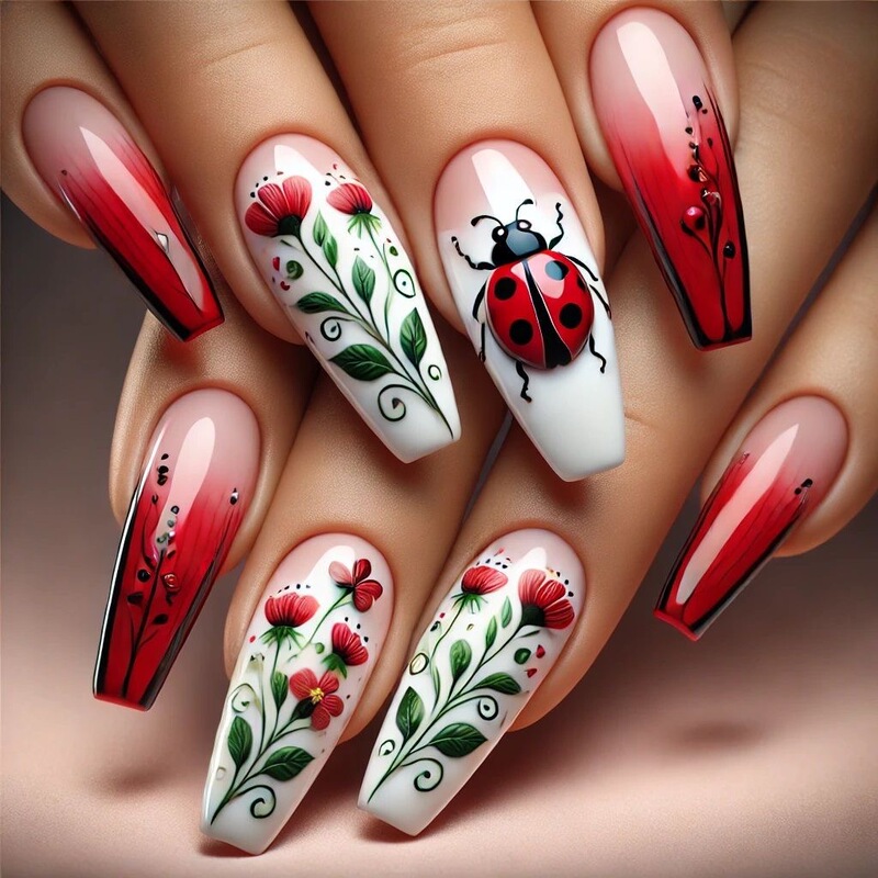 Fingertip Art Spring Garden Nail Art Dressing Nail Roses Ladybug Press On Nails Fake Nail Pieces ED53