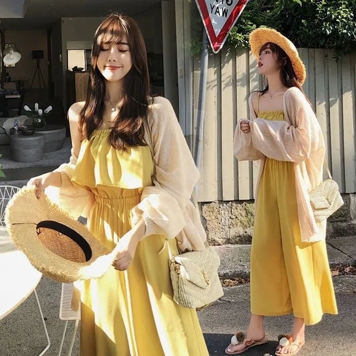2026 Summer New Versatile High-Waisted Cropped Pants Jumpsuit Loose Slimming Strap Dress Wide-Leg Pants for Women Trendy