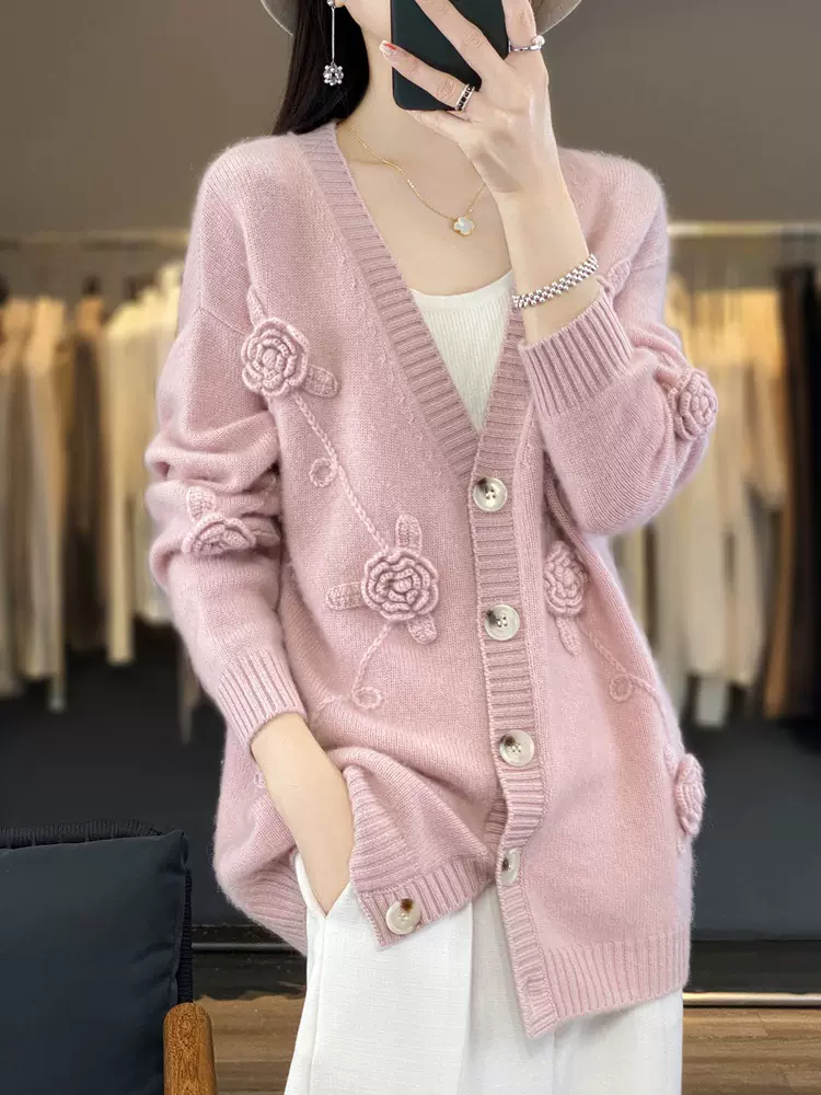 手工钩花中长款V领加厚羊绒开衫女23秋冬针织羊毛衫宽松毛衣外套