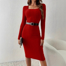 2025亚马逊跨境秋冬新款欧美女装方领气质通勤简约修身包臀连衣裙