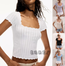 欧美夏欧美跨境U型领休闲纯色针织衫套头外贸宽松圆领拼接针织衫