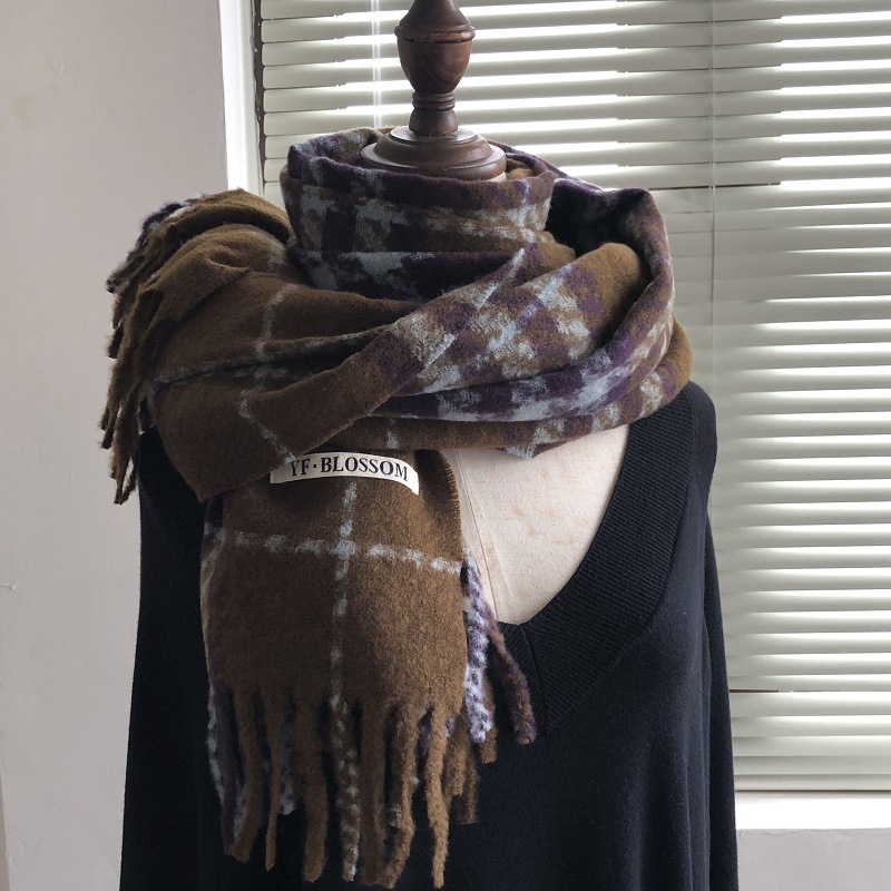 Women's Cashmere Scarf In Retro Blue Thousand Bird Grid Pattern_voghion.com