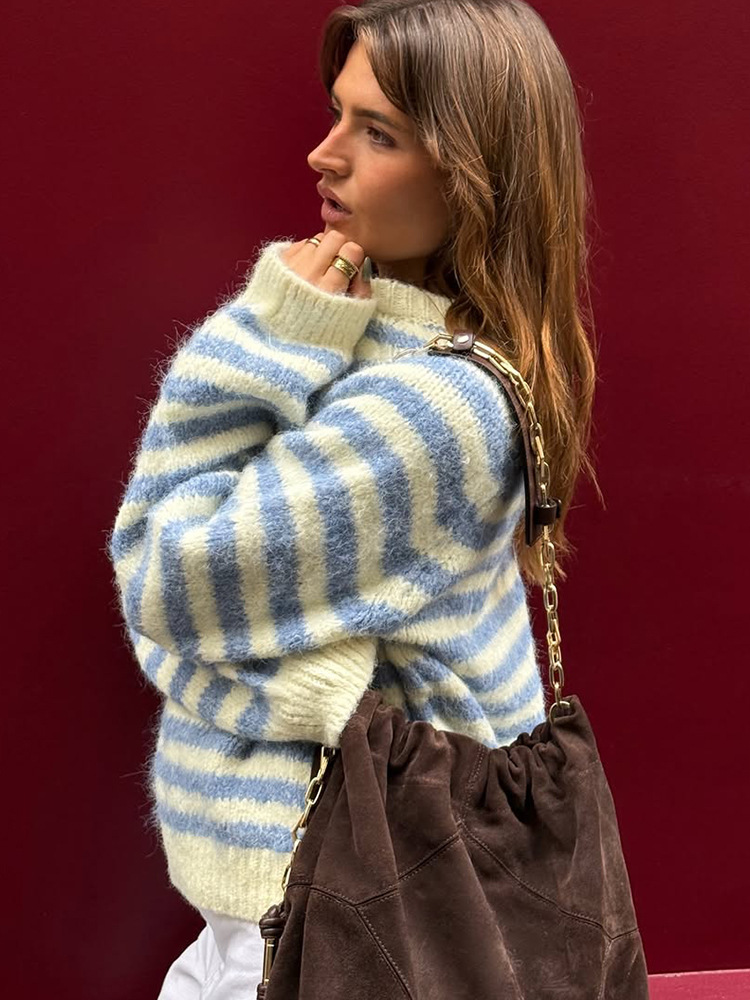 Moda universal relajado cuello redondo color contrastante rayas jersey de punto 2025 otoño y invierno nuevo estilo transfronterizo europeo y americano
