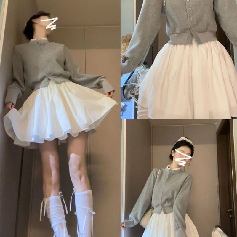 Ballet Style White Cake Skirt Skirt Women's Spring and Summer Lace Skirt Small High Waist A- Line Puff Skirt