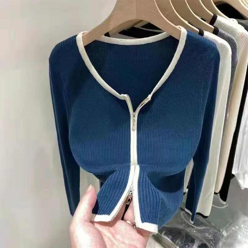 Academy Style Knitted Cardigan Long-Sleeve T-Shirt Women's Spring and Autumn 2026 New Ribbed Zipper Slim-Fit Base Shirt Top