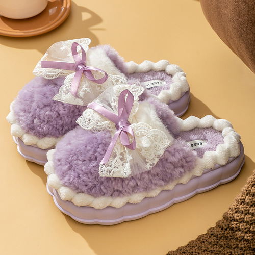 New Style Cotton Slippers for Women with Bowknot, Soft Sole Home Leisure Plush Warm Cotton Slippers for Men and Couples Indoor Fluffy Slippers