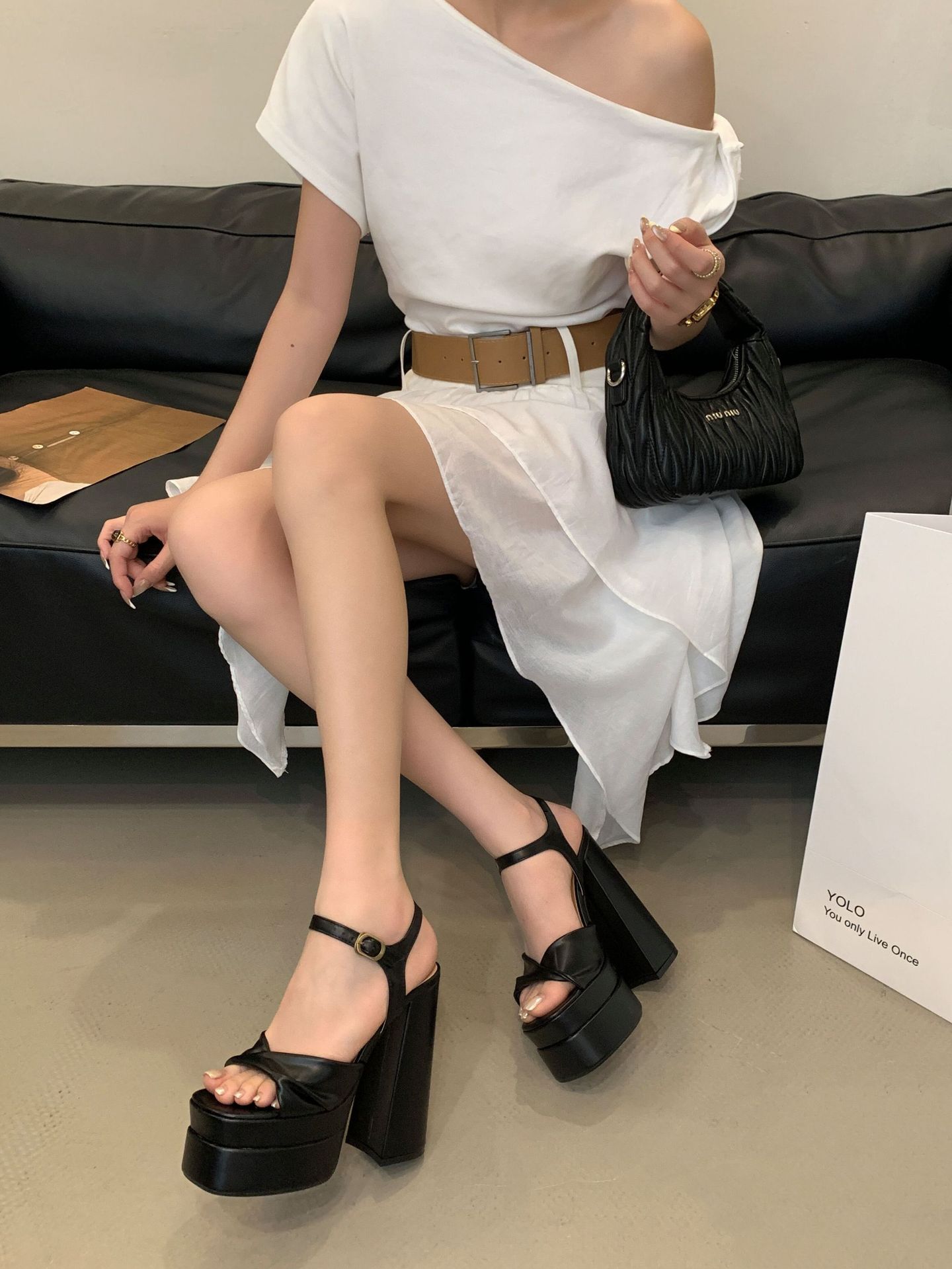 Sandal cao gót nữ quai ngang mũi vuông đế dày chống nước, gót siêu cao 9 cm — Màu đen chi tiết 24