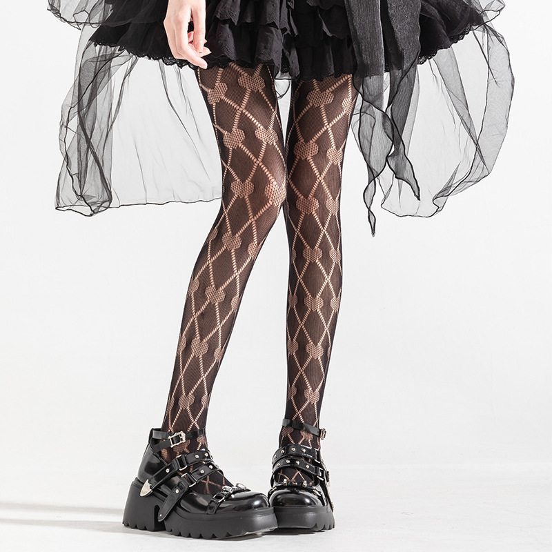 Y2g calcetines de red amor hueco rombo rasgado sub-cultura negro seda Lolita chica caliente bottoming ins marea pantimedias