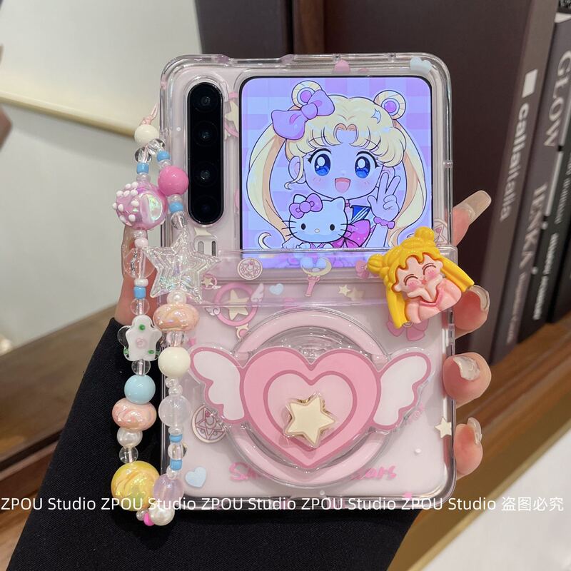 Suitable for Huawei Purax Foldableing Screen Mobile Phone Case Sailor Moon P60/50Pocket2 Magnetic Stand Honor Magicvflip Xiaomi Mixflip2 Female Good-Looking Protective Cover with Lanyard