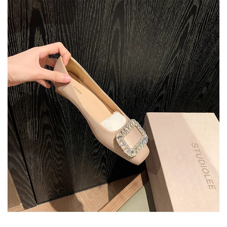 葡萄妈 水钻浅口法式方头银色平底真皮单鞋女春秋新款|undefined