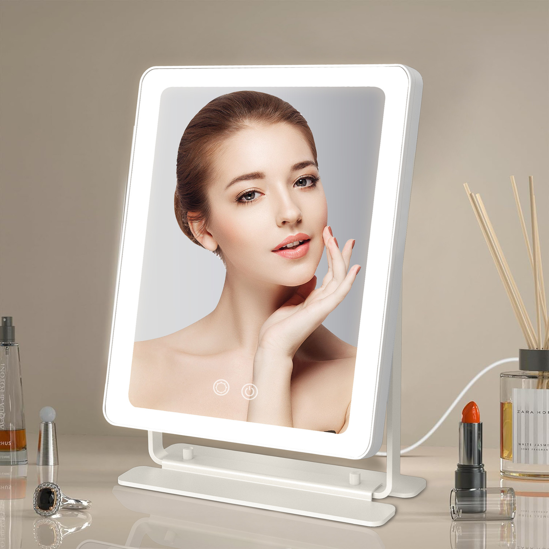 25X30CM espejo de maquillaje con lámpara led espejo recargable de escritorio grande cuadrado unilateral espejo de belleza HD